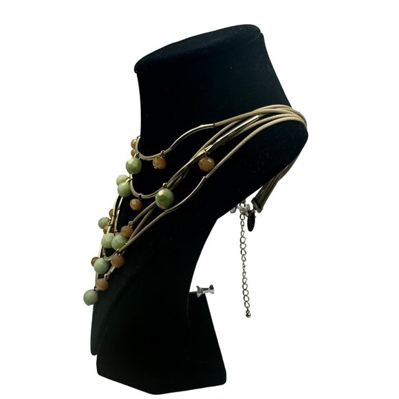 Multi-Strand Gold Necklace With Green & Brown Beads Adjustable Length - Picture 2 of 5